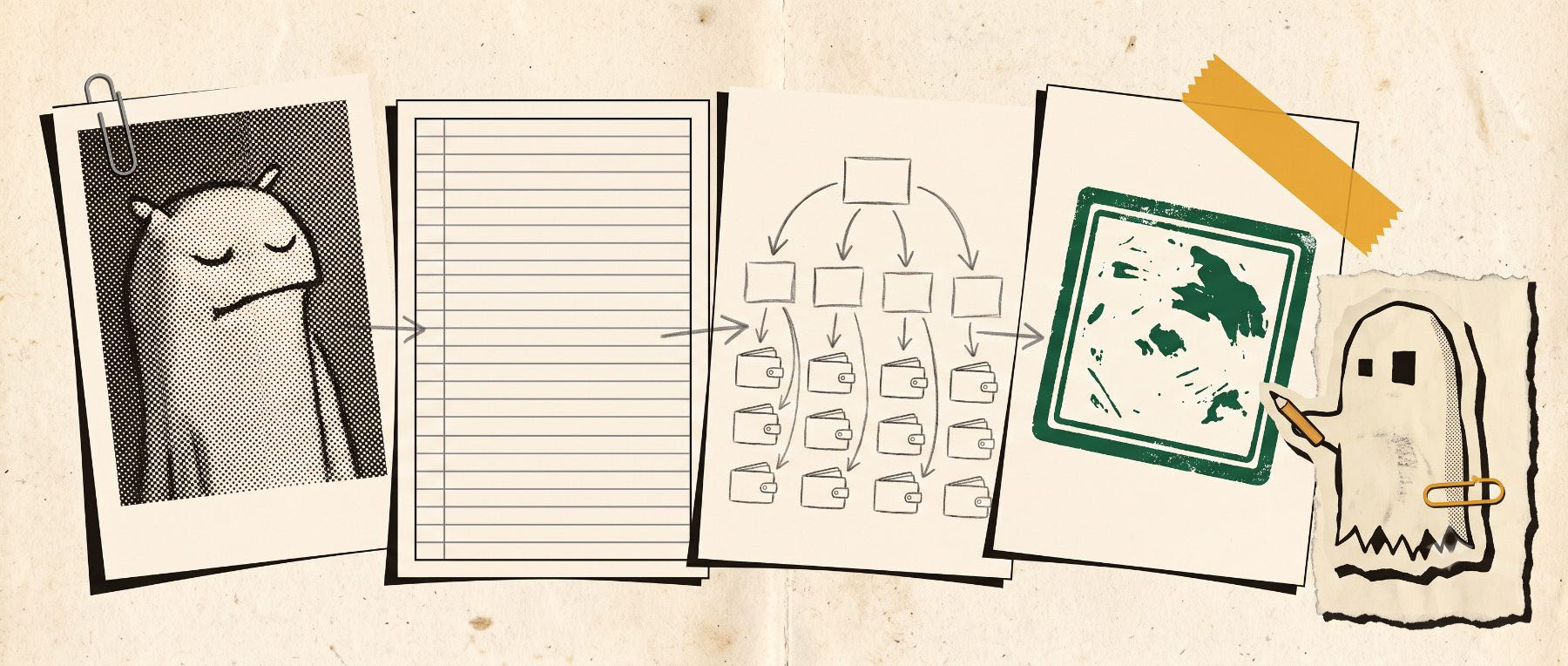 Four sheets: a mascot with closed eyes, a ledger table, a distribution diagram, a green stamp — Ghostie points at the last one