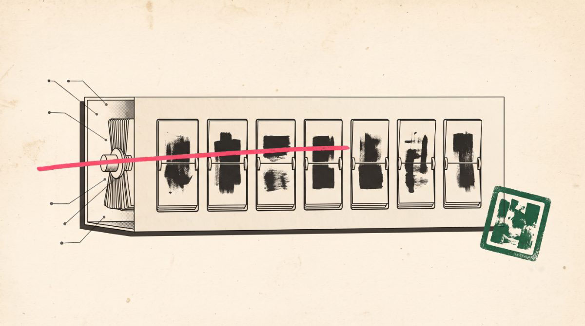 Split-flap board, a pink stroke crossing out the row, a green stamp on the right